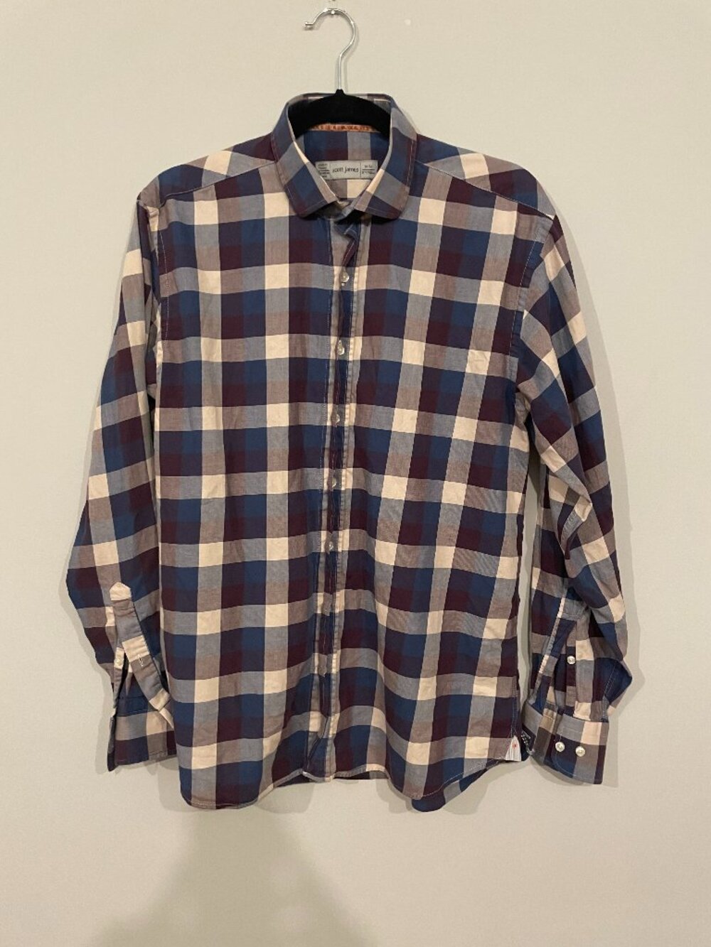 Scott James Men’s Medium 15.5 Plaid Button-Up Shirt Blue Burgundy Gray